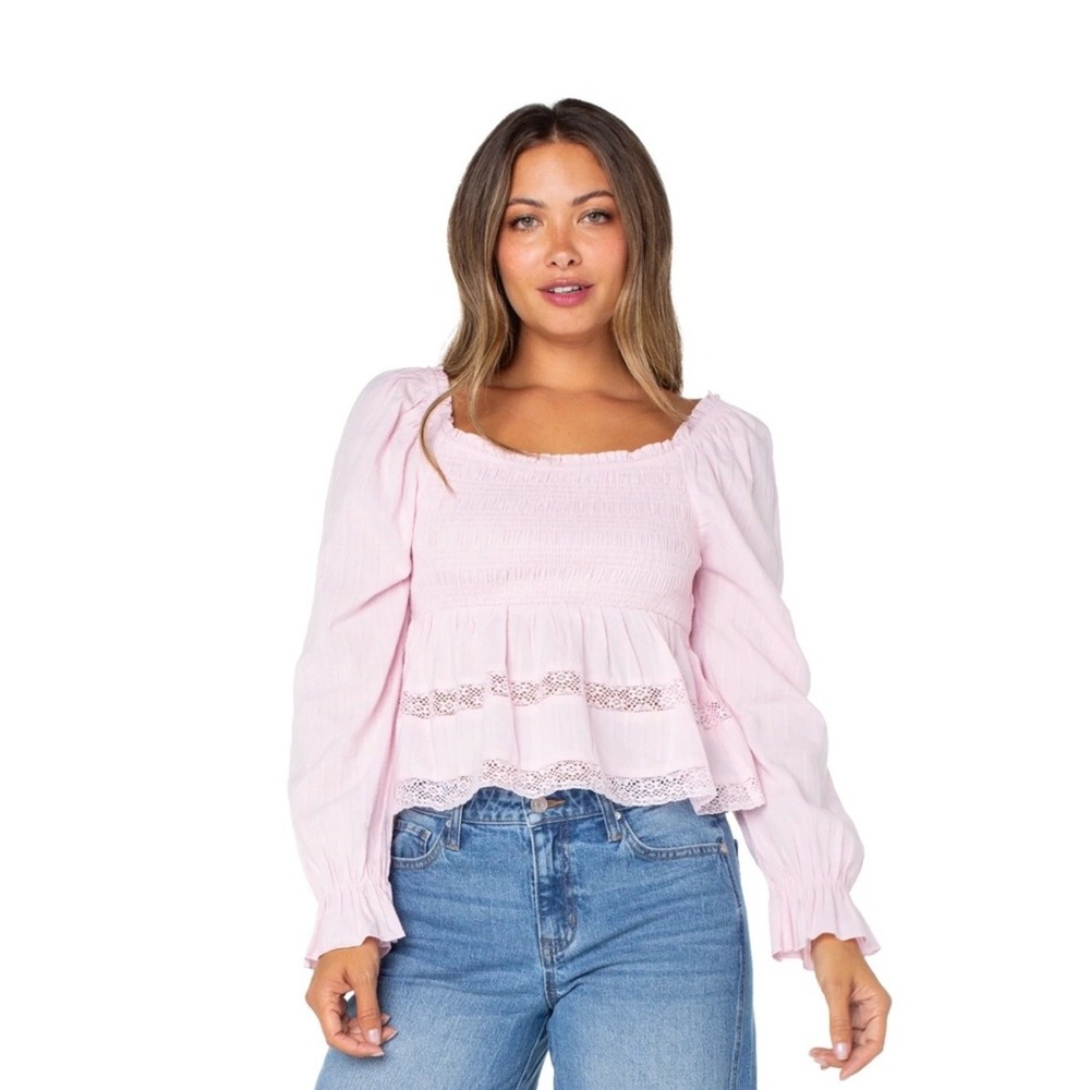 Celebrity Pink Pastel Pink Smocked Lace Peplum Blouse